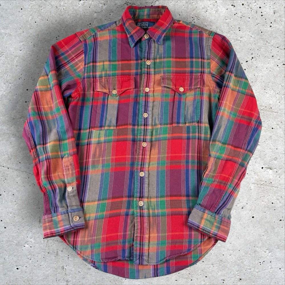 Vtg Polo Ralph Lauren Aztec Flannel Shirt Mens Sz S Southwestern Plaid‎ Epaulets